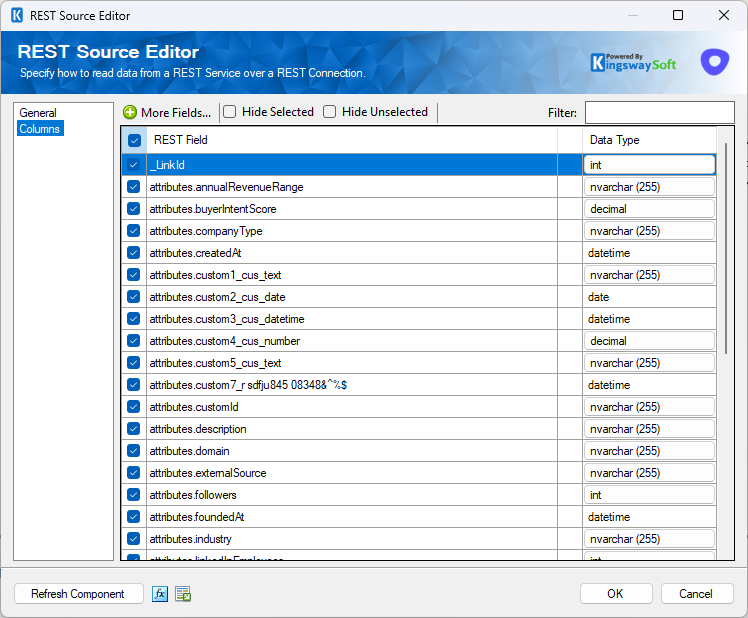 SSIS Outreach REST Source - Columns